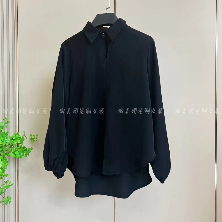 501大码显瘦遮肚时尚长袖女式气质女装翻领新款衬衫轻奢简约黑色