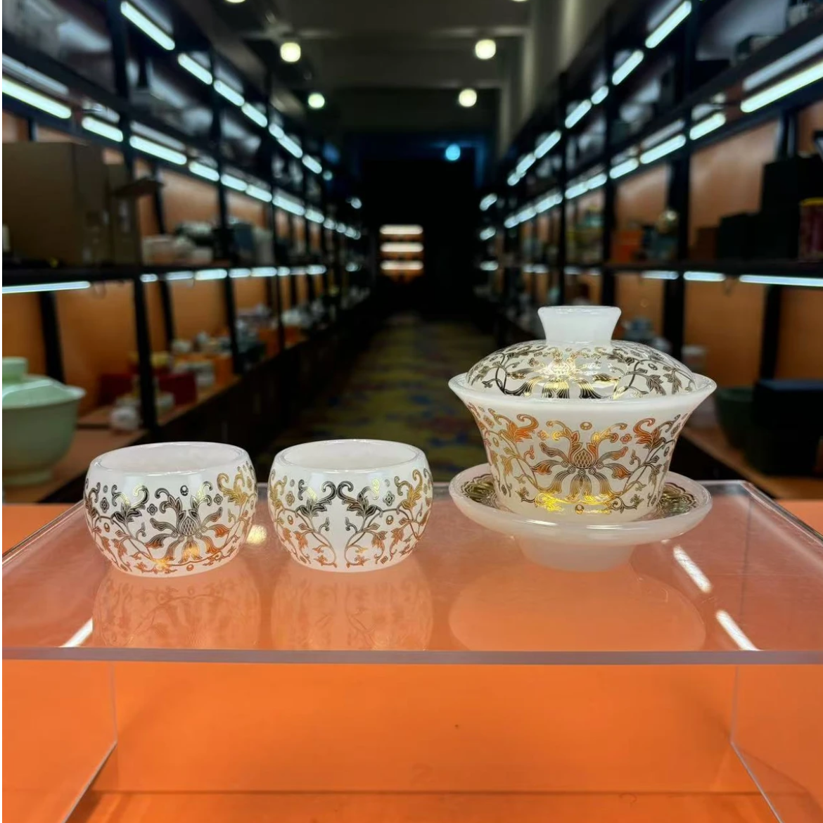 茗香瓷器 缠枝莲琉璃盖碗+2杯-2184