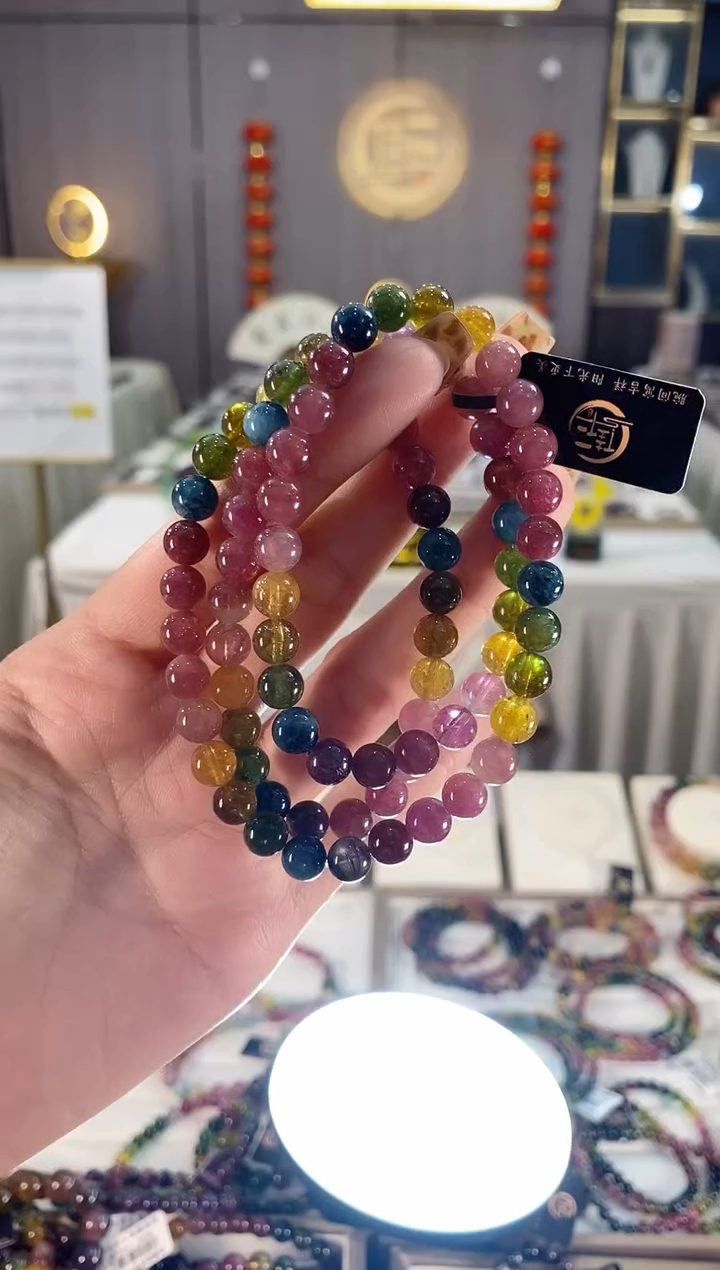 未镶嵌老矿碧玺色标彩虹三圈手串7mm+碧玺dan多样性发货一条