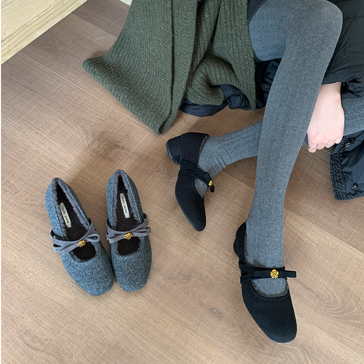 法式复古灰色芭蕾舞棉鞋女2025秋冬新款仙女风玛丽珍毛毛鞋女外穿