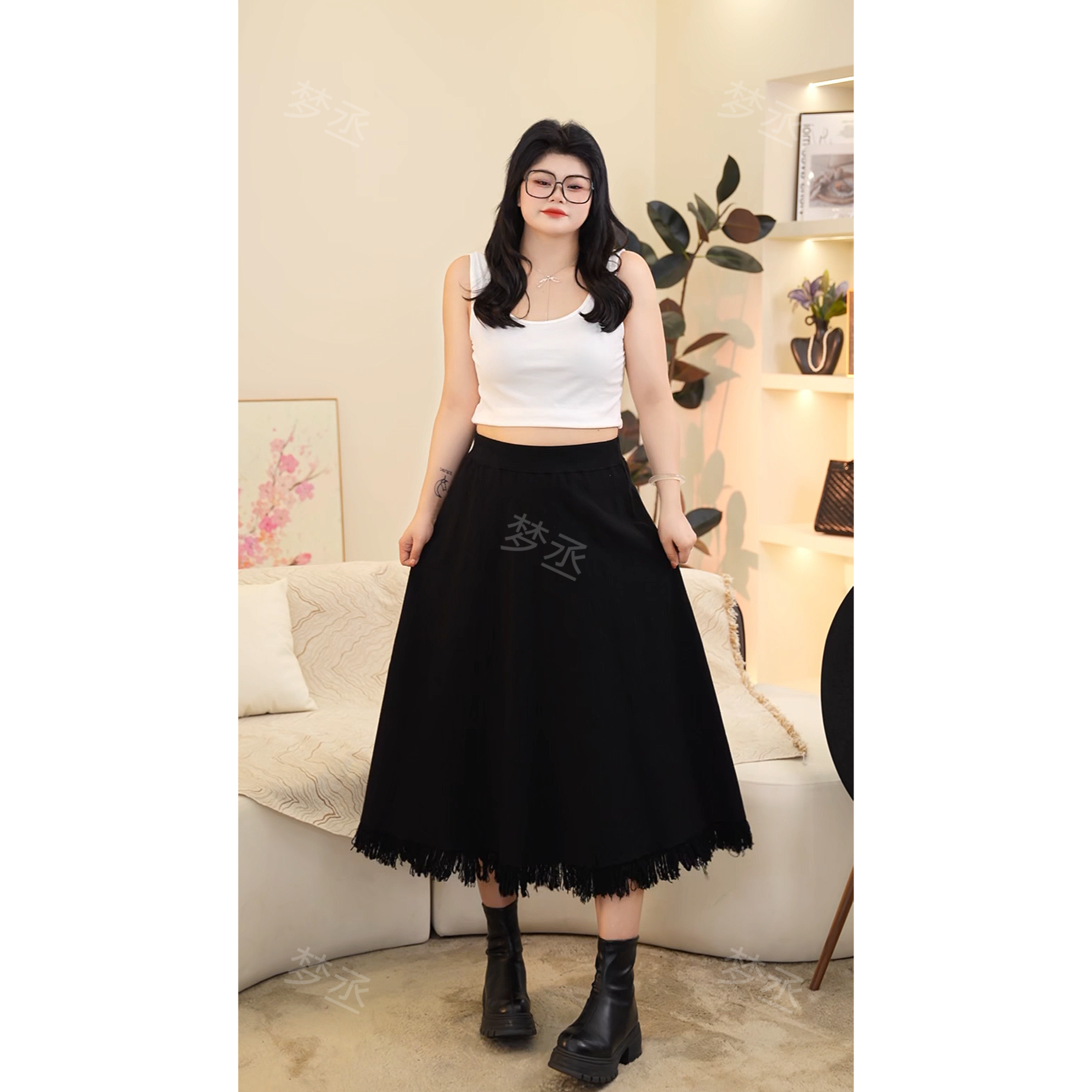 梦丞胖妹妹大码女装微胖洋气松紧高腰流苏裙毛边针织显瘦半身裙冬