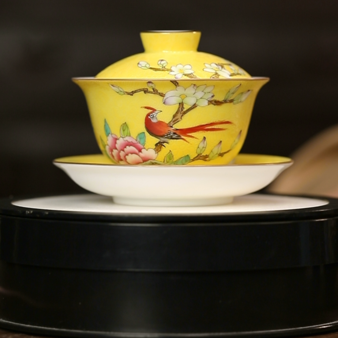 12.21/K01086/何平窑/黄扒花花鸟盖碗