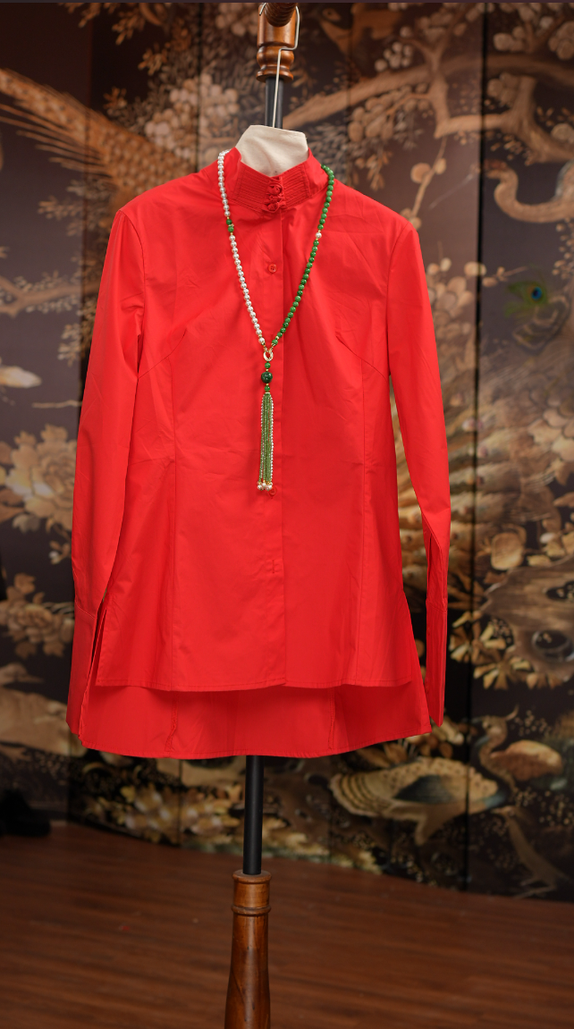 复古港风立领成人不起球衬衫时尚红色宫廷风港风