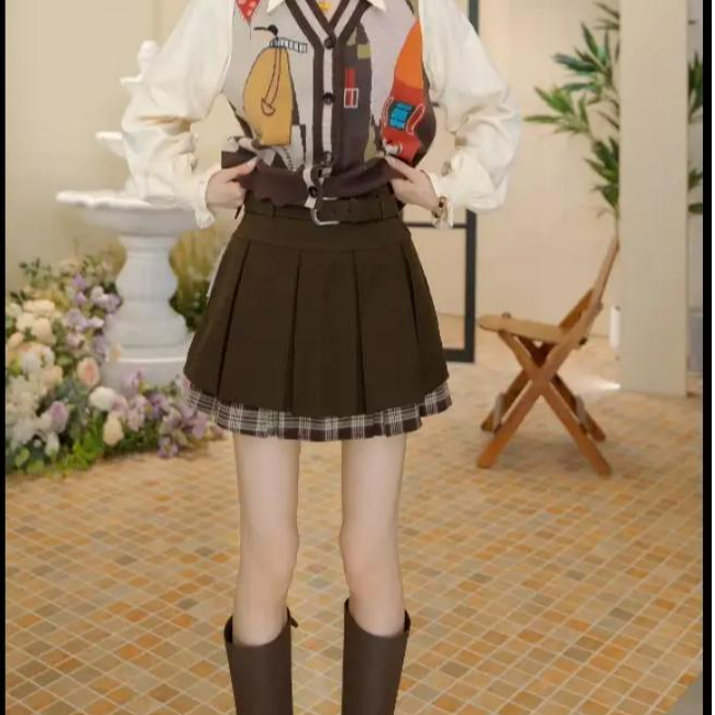 格纹拼接短款百褶裙半身裙女2025早秋新款显瘦短裙复古