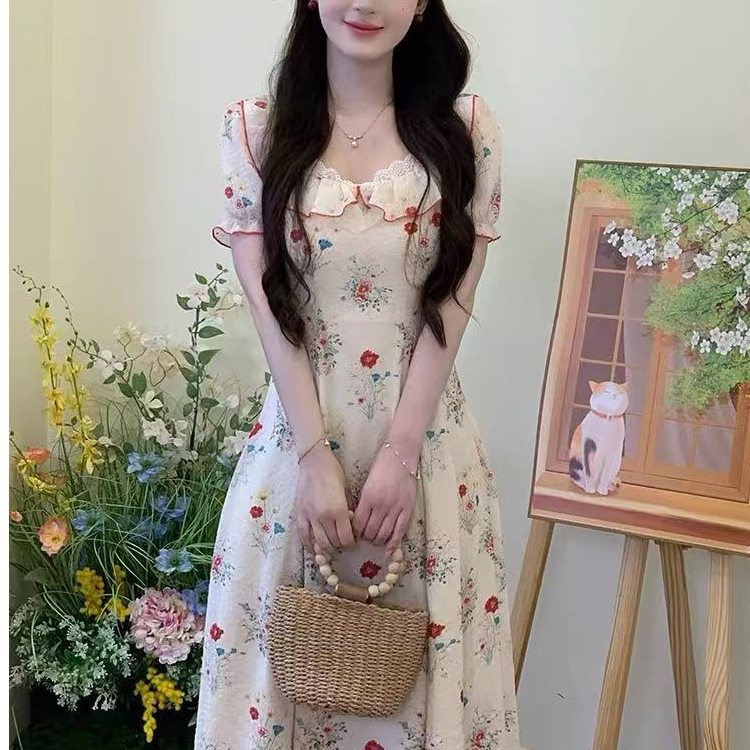 597#夏季新款法式茶歇风气质碎花连衣裙女甜美泡泡袖收腰显瘦长裙