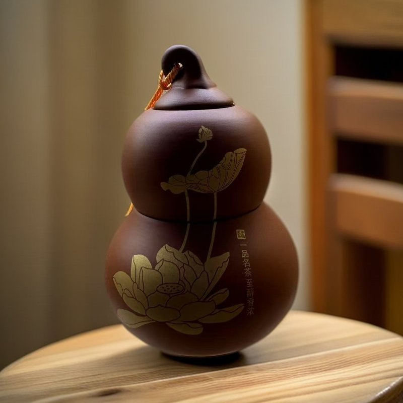 荷花紫妙葫芦茶叶罐1510高档陶瓷家用全手工纯手工中式描金爆款