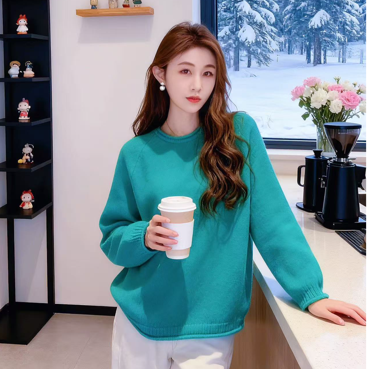 复古蓝色毛衣女秋冬宽松慵懒风加厚外穿圆领卷边套头针织衫上衣