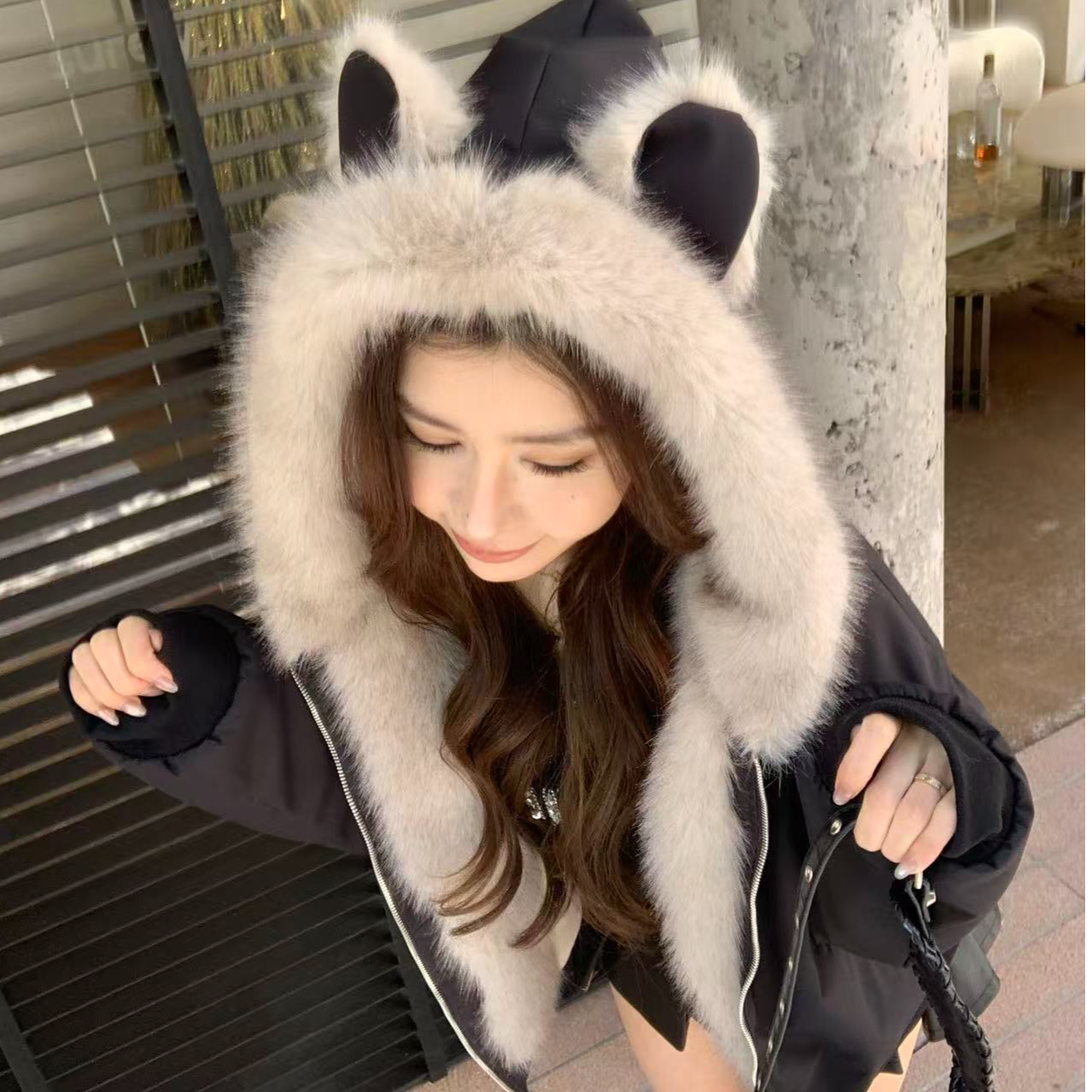 冬季正品座山雕棉服毛绒耳朵大毛领内里加绒保暖正肩显瘦连帽情侣