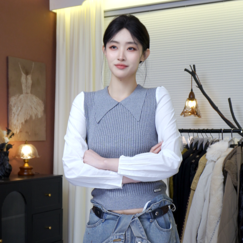 【福利款】044修身型女针织常规款拼接毛针织衫秋季时尚修身春秋