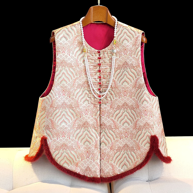 中国风原创宋锦花红色马甲盘扣设计圆领新年战袍