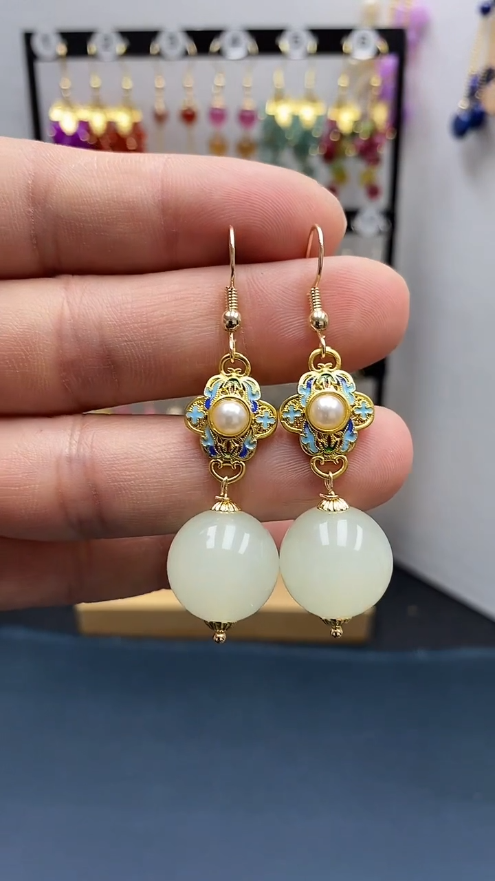 【闪购商品】和田玉耳饰银S925镀金镶嵌尺寸16mmA2