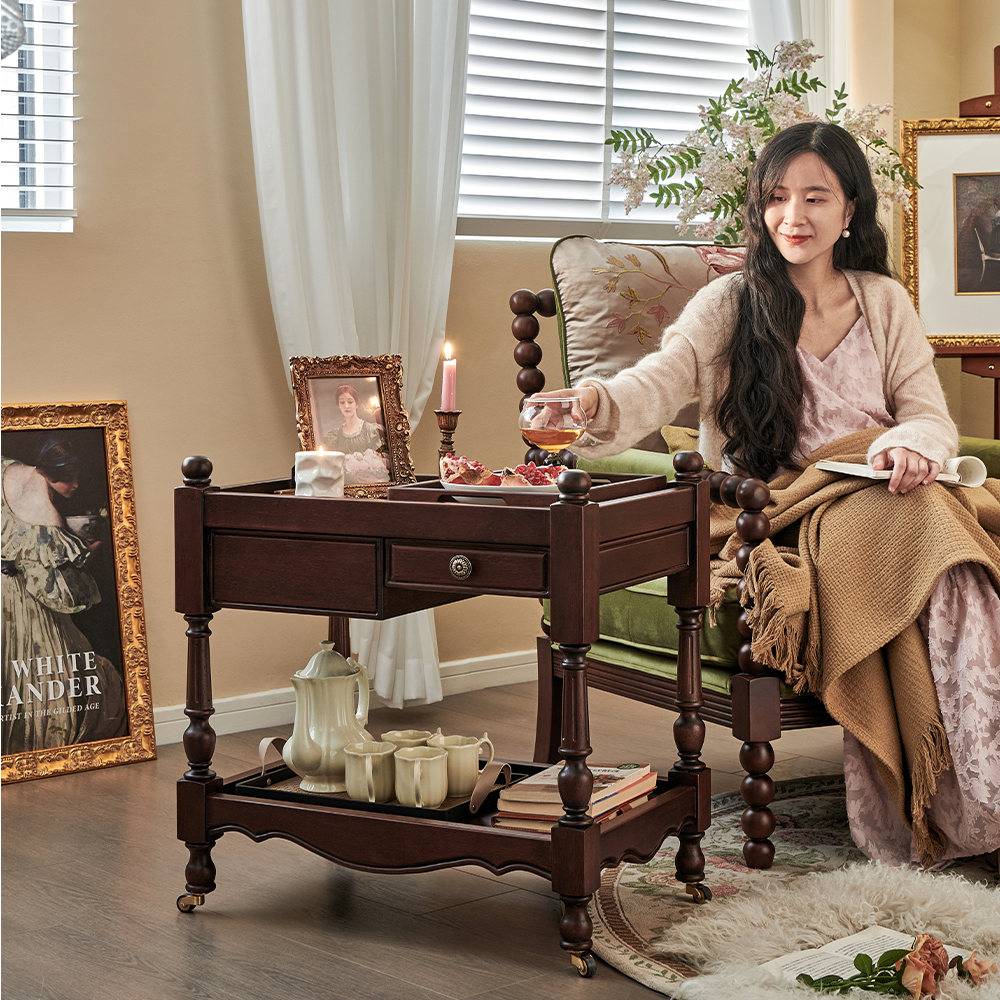 法式复古实木可移动茶几茶桌小推车沙发边几茶水柜茶台家用小茶车