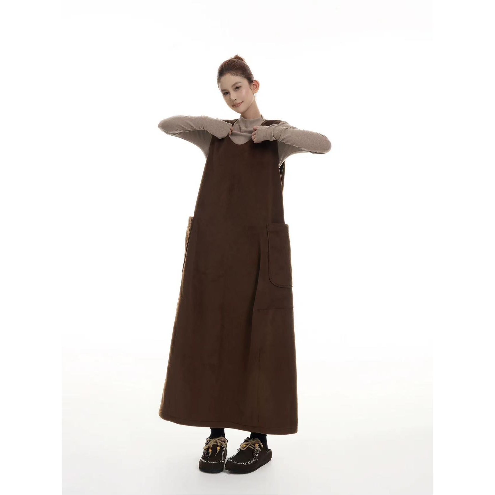 显瘦提花灰色连衣裙秋季条纹华夫格连帽卫衣裙冬季时尚套装-118