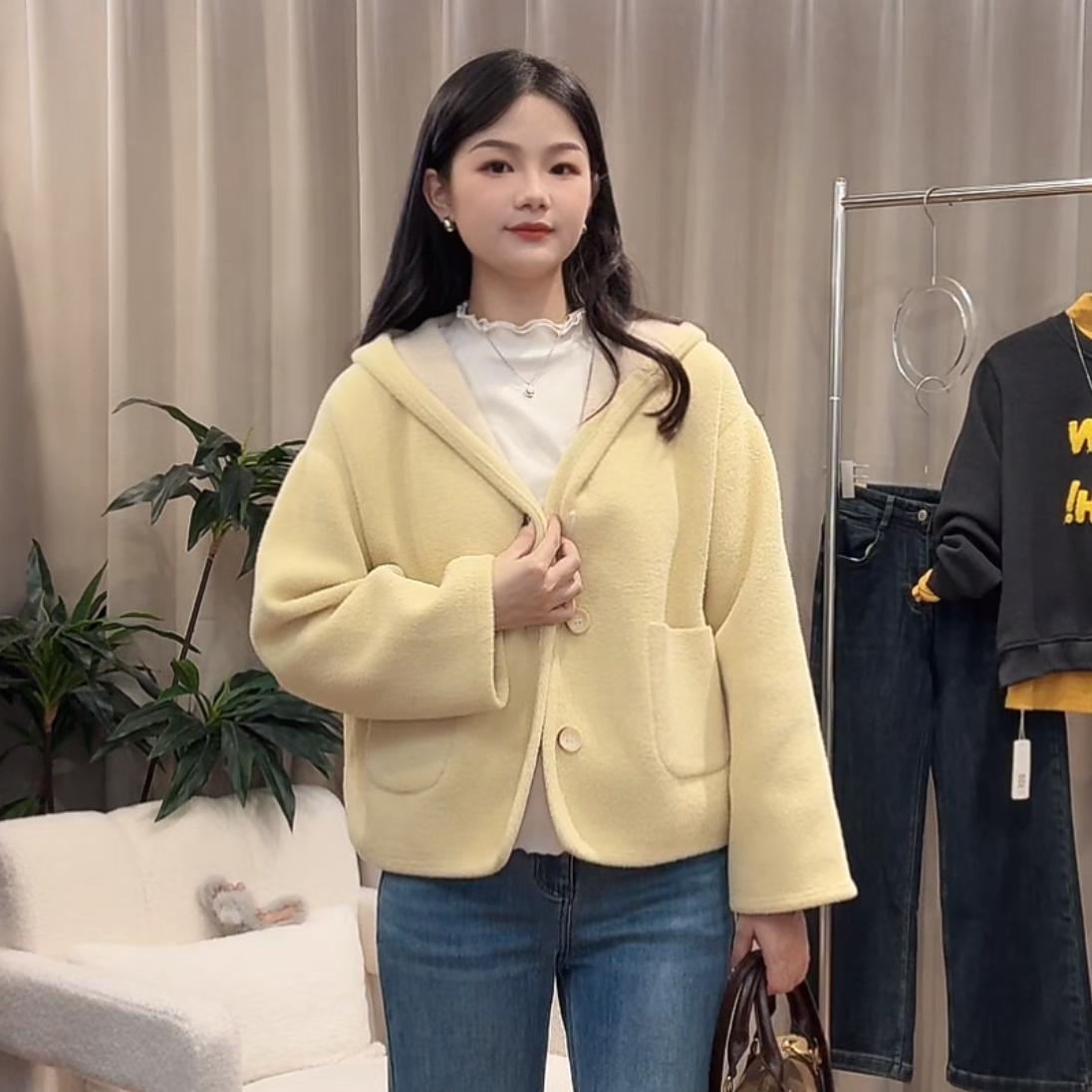 【阿婷家】300新款时尚双面绒女韩版连帽外套