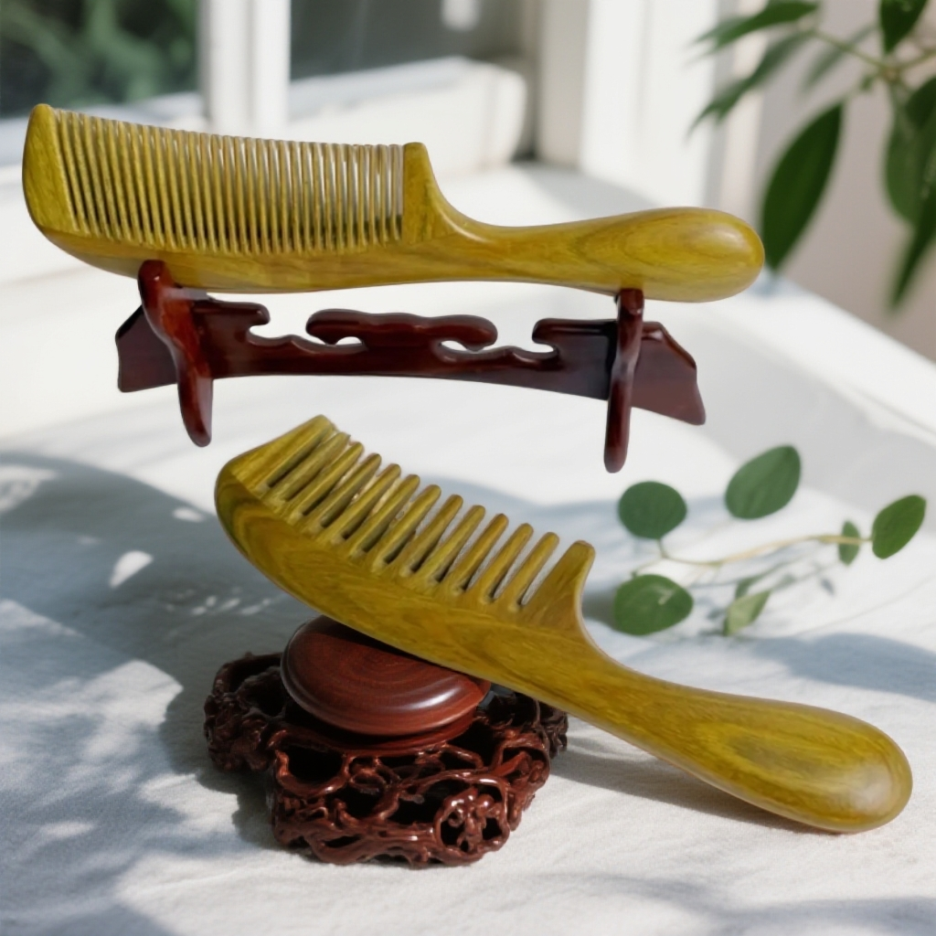 天然绿檀手柄顺发结实耐用无静电木梳子手工家用防脱绿绿按摩梳