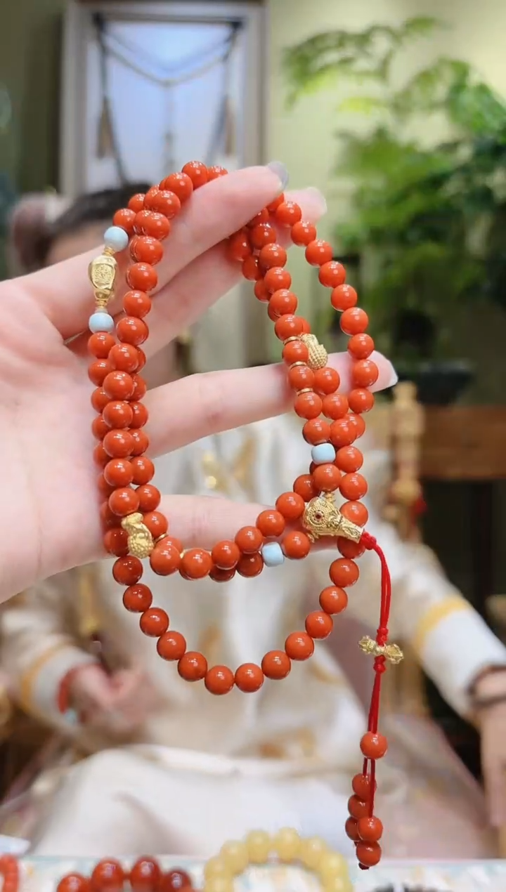 【闪购商品】南红玛瑙项链18K金镶嵌金三通双佛公南红项链108