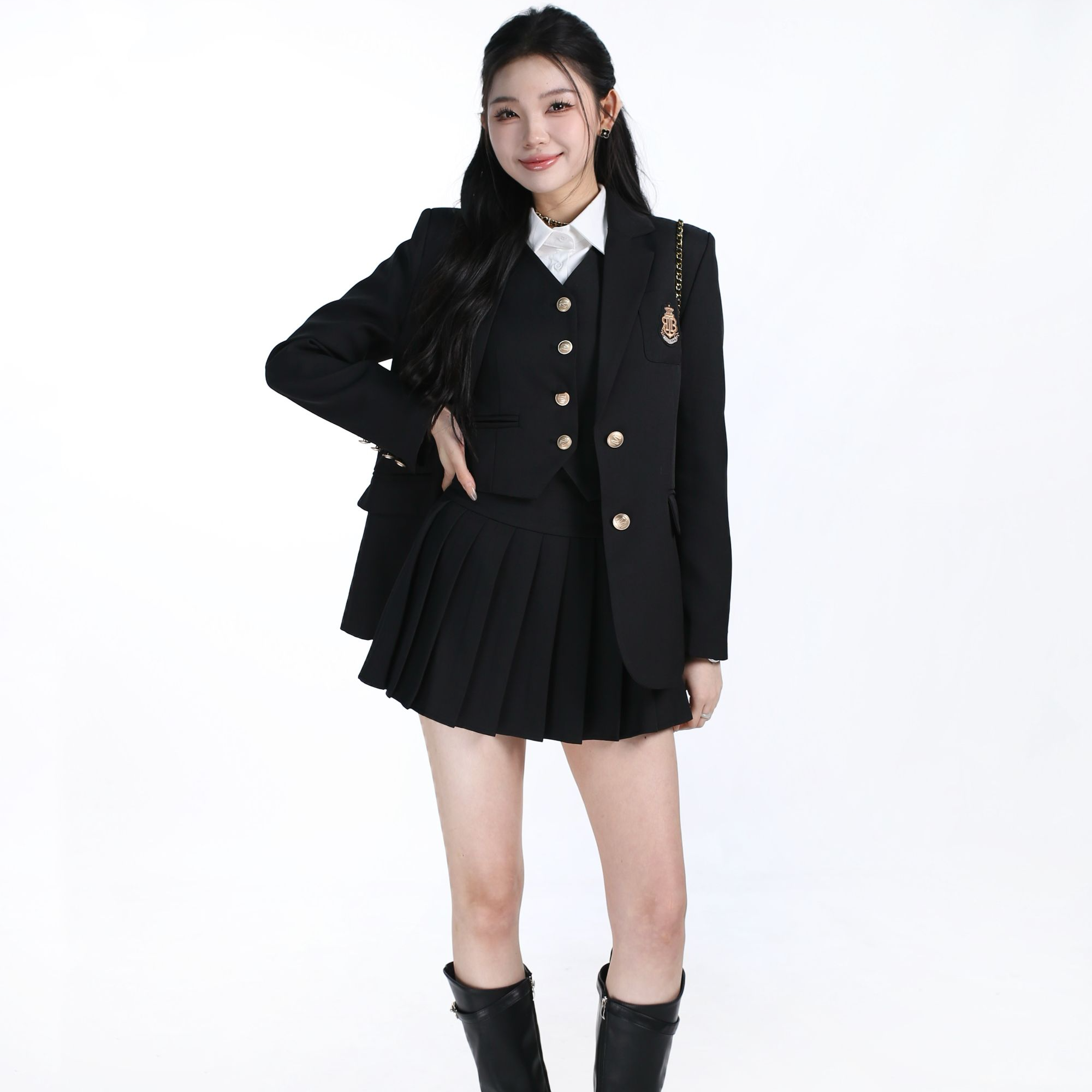 青！货【爱尔兰】西装春季学院风徽章单排扣领宽松显瘦气质女套装