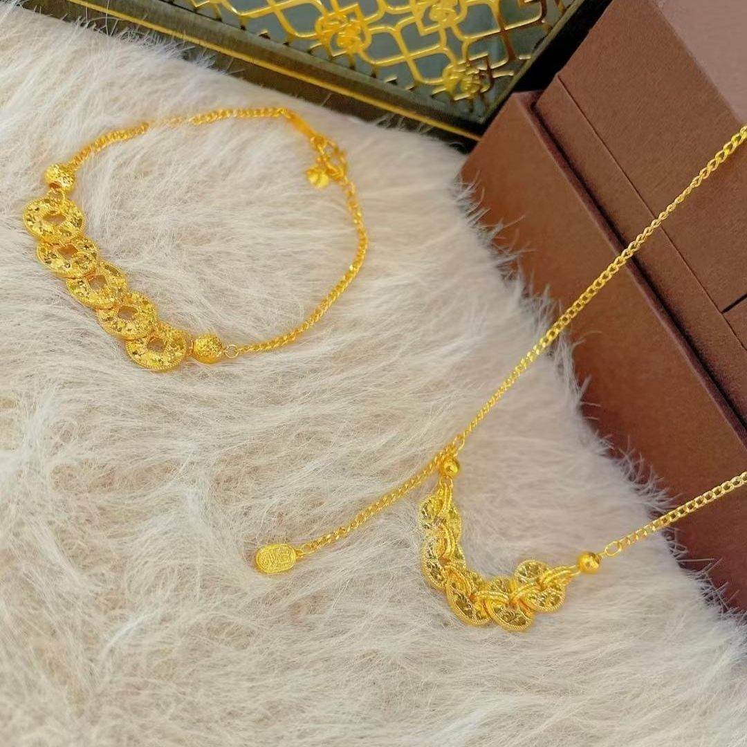 铜合金项链 （拍一发二送五帝钱手链）碎碎冰五帝钱金色项链百搭女T