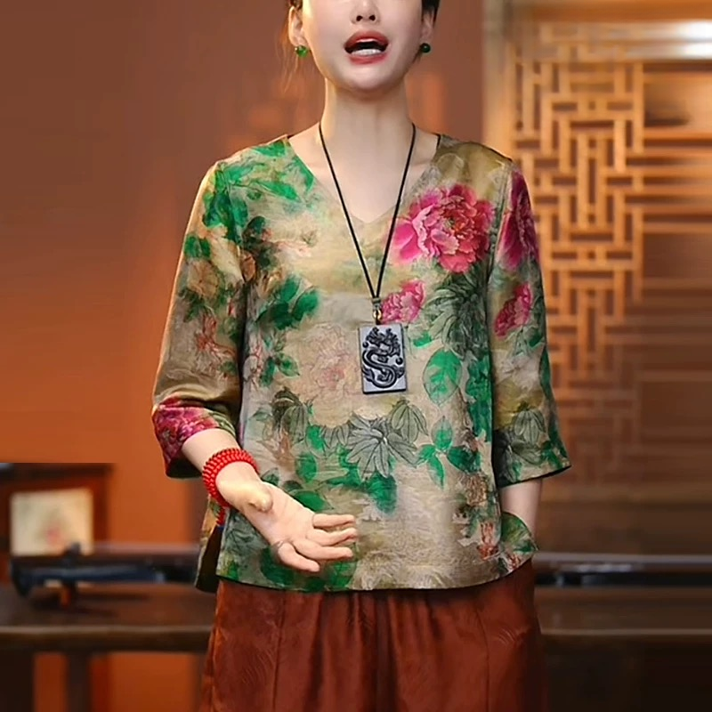香 云纱中式上衣v领短袖t恤女夏季新款印花小衫国风衬衫