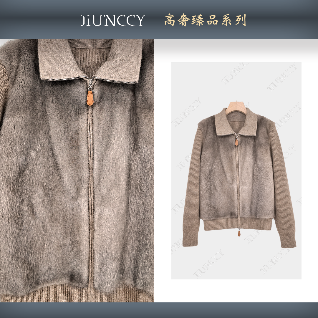 JIUNCCY【新贵】天然原色银兰貂拼接100山羊绒皮草针织开衫52YZZ185