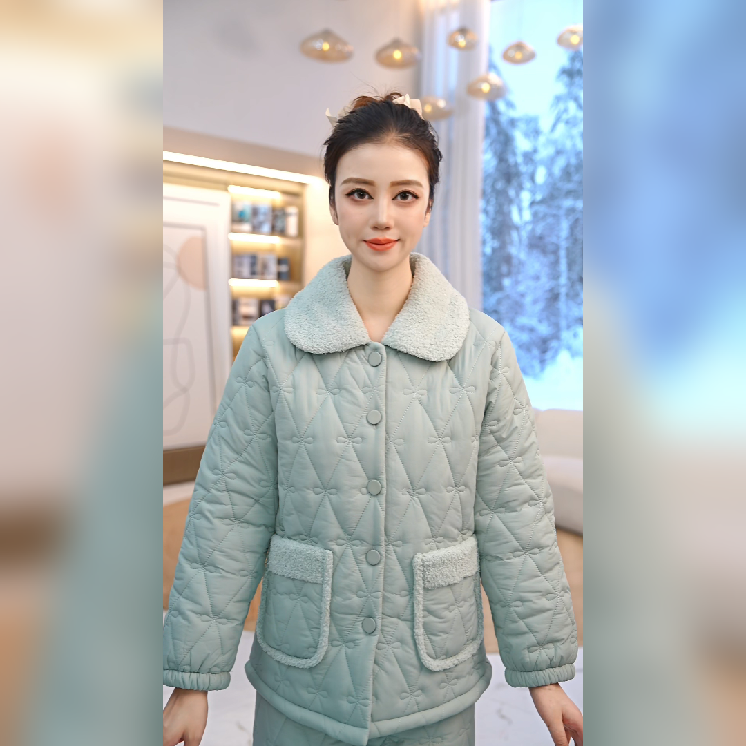 秋鹿暖羽绸法兰绒夹棉翻领女套保暖冬季女士时尚加厚加绒家居服