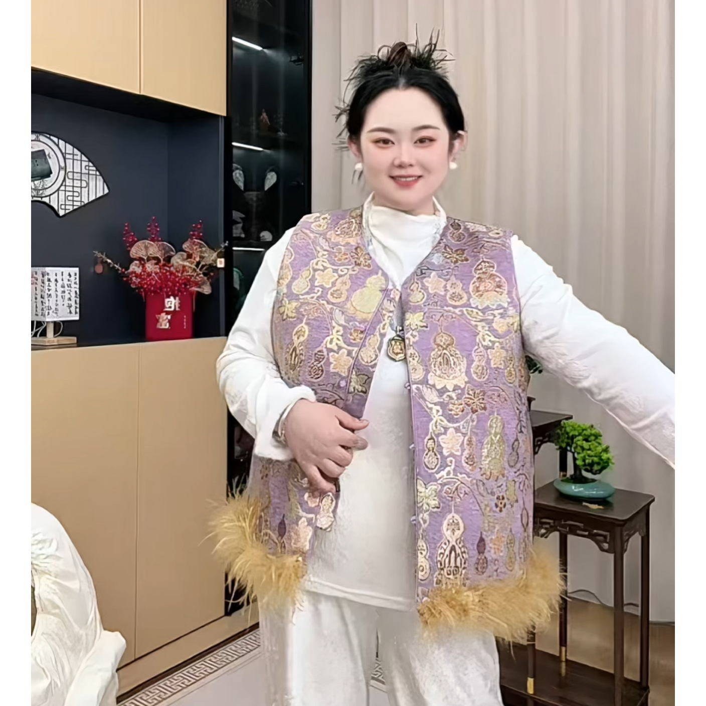 胖小旭【小葫芦】夹棉冬季新款新中式国风驼鸟毛马甲无袖百搭显瘦