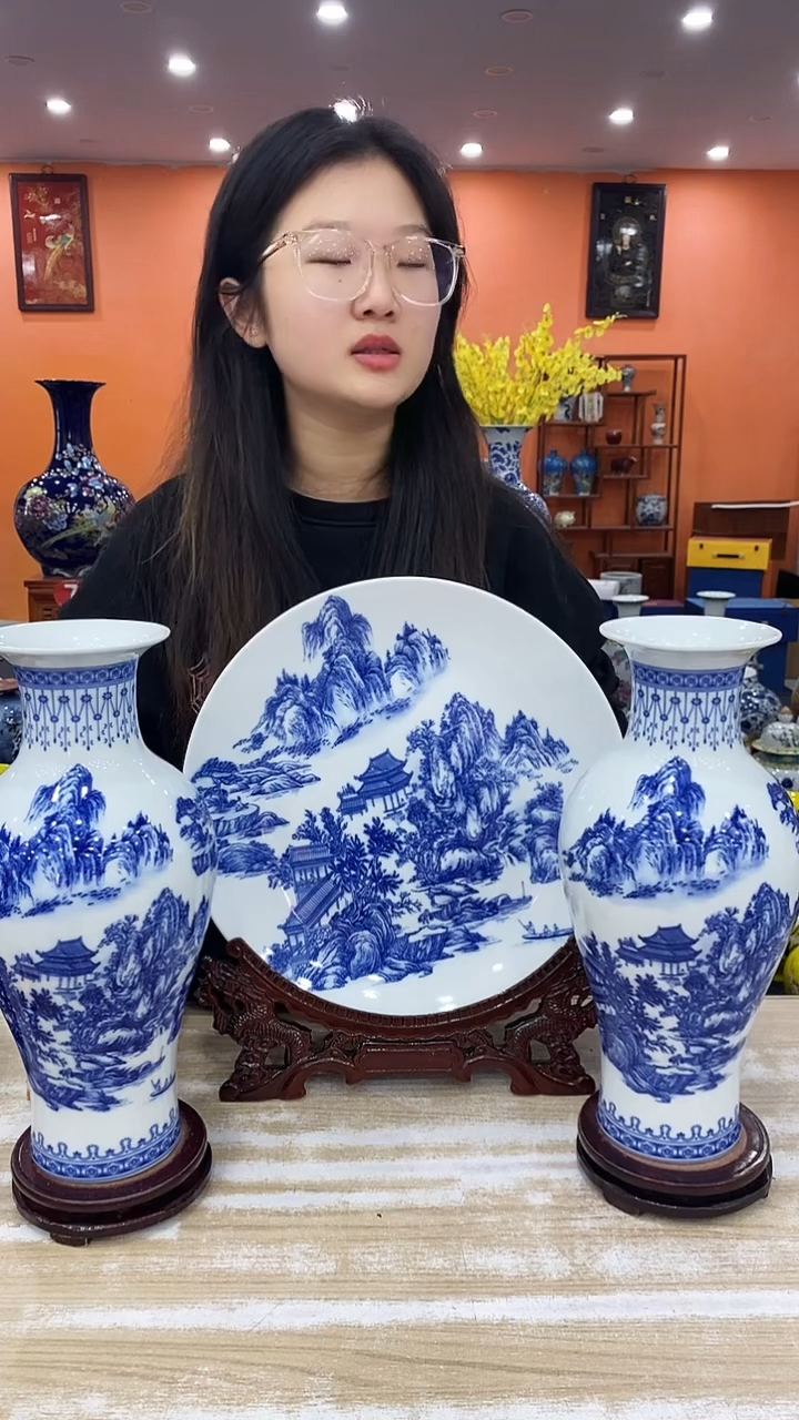 摆件釉中青花三件套+旋转底座+龙头架