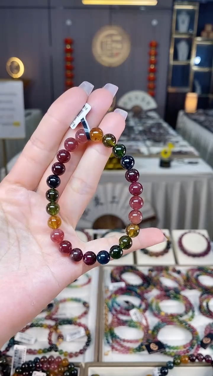 未镶嵌冰透体老矿碧玺彩虹单圈手串7mm+碧玺hon多样性发一条