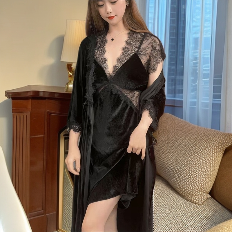 金丝绒睡衣蕾丝高级纱韩版家居服蕾丝轻奢睡衣显瘦性感睡衣两件套