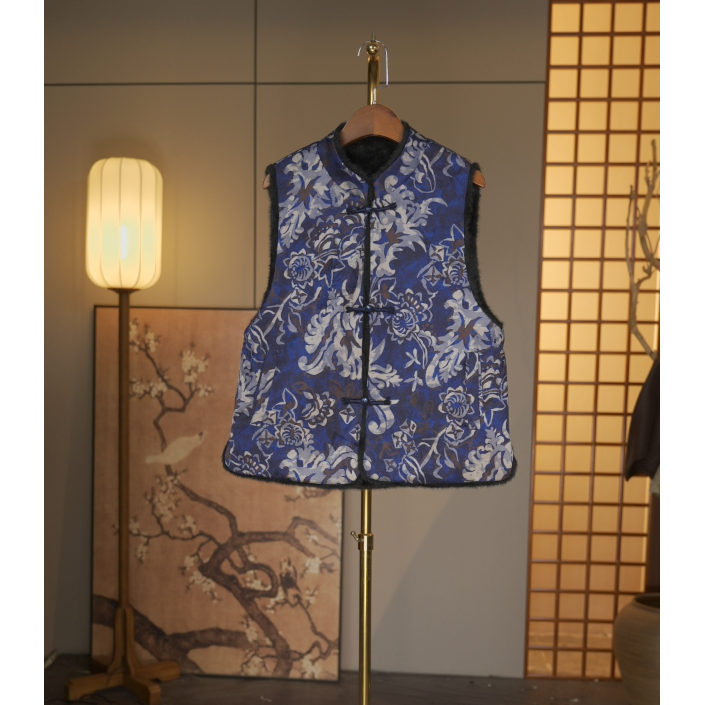 【云想周周-青白流光】中式双面穿冬季青花瓷马甲4641