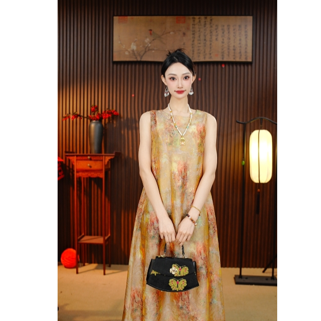 [‌彩墨雅韵]新中式国风显瘦气质碎花无袖仙女裙