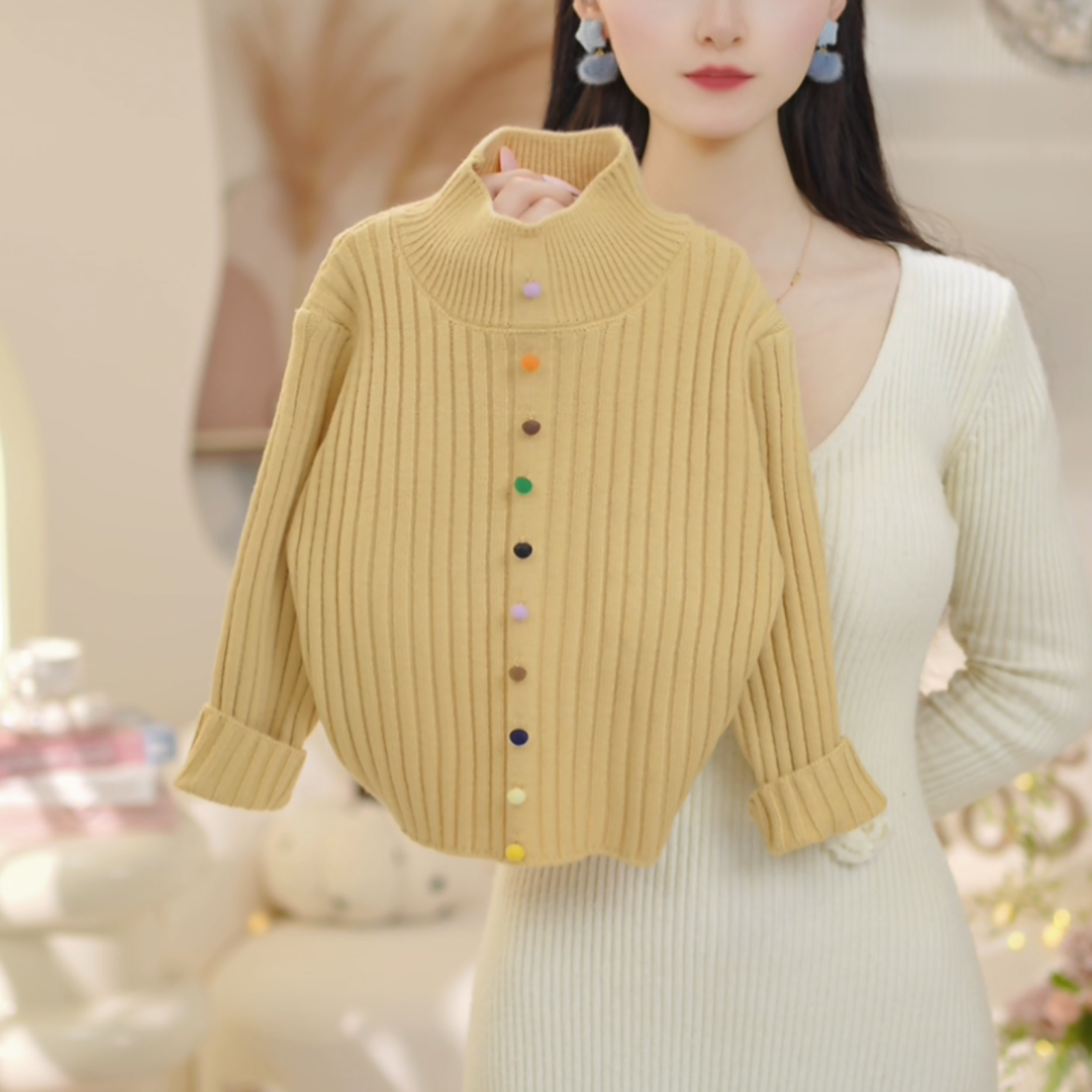 女童2025冬季新款半高领加厚纽扣毛衣C25028