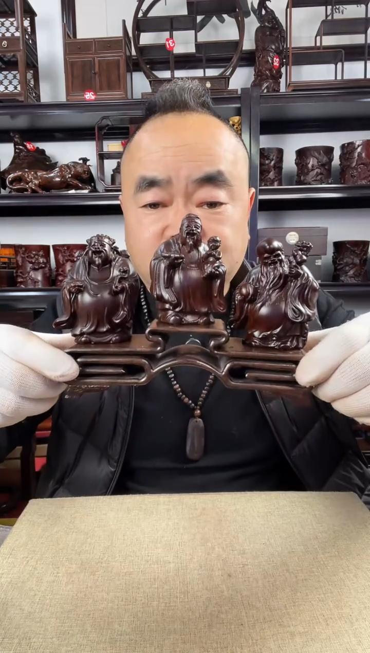 木老李红木工艺品三连+福禄寿
