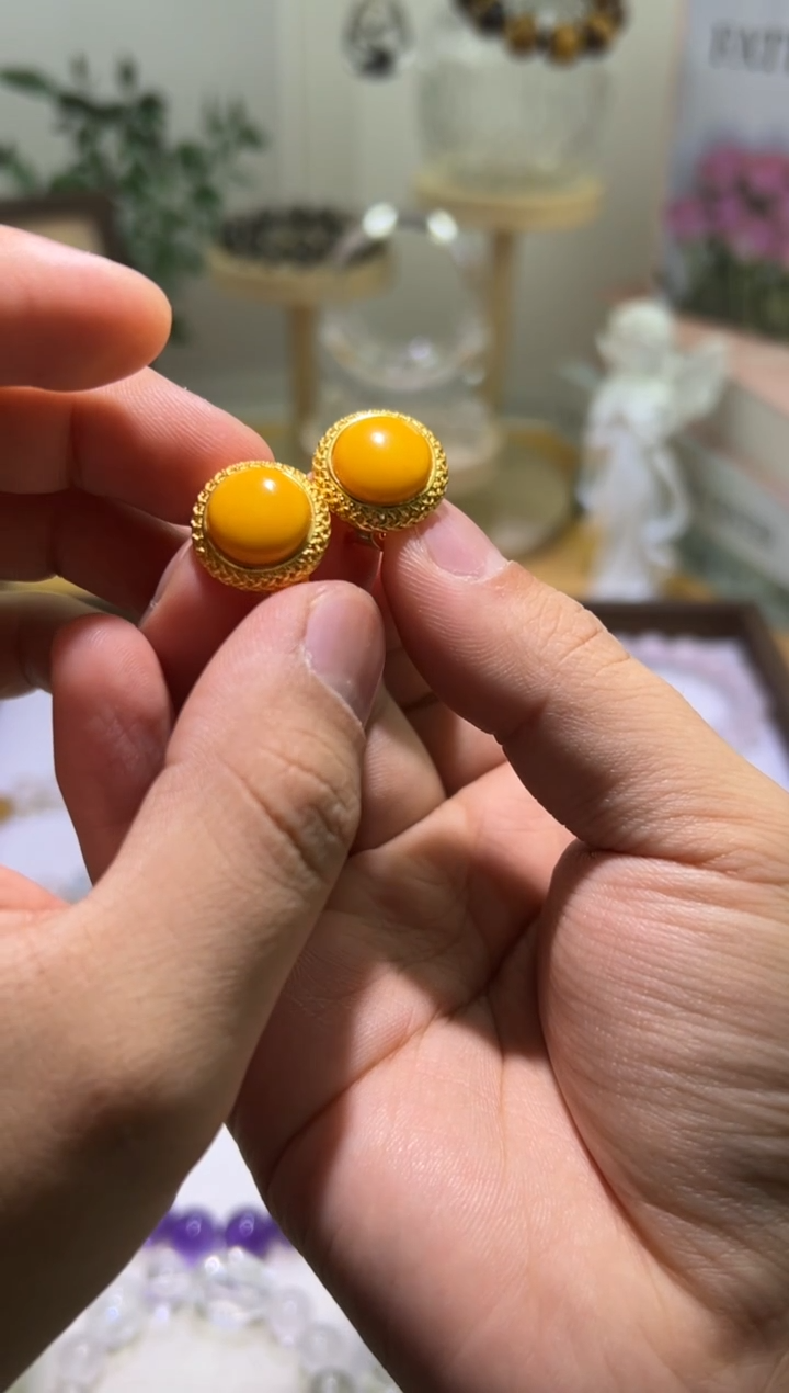 琥珀未镶嵌耳饰石光晶工蜜蜡耳钉