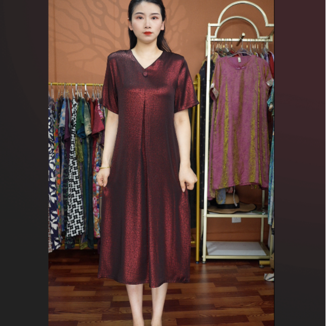 【红纹国风】2025夏季妈妈装气质短袖连衣裙洋气中老年女装宽松长裙