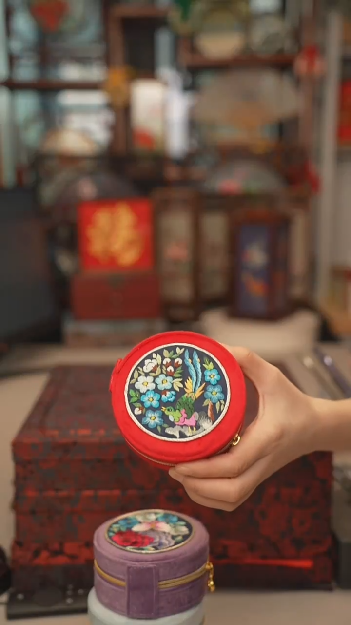 扇子首饰盒 绣花双面非遗
