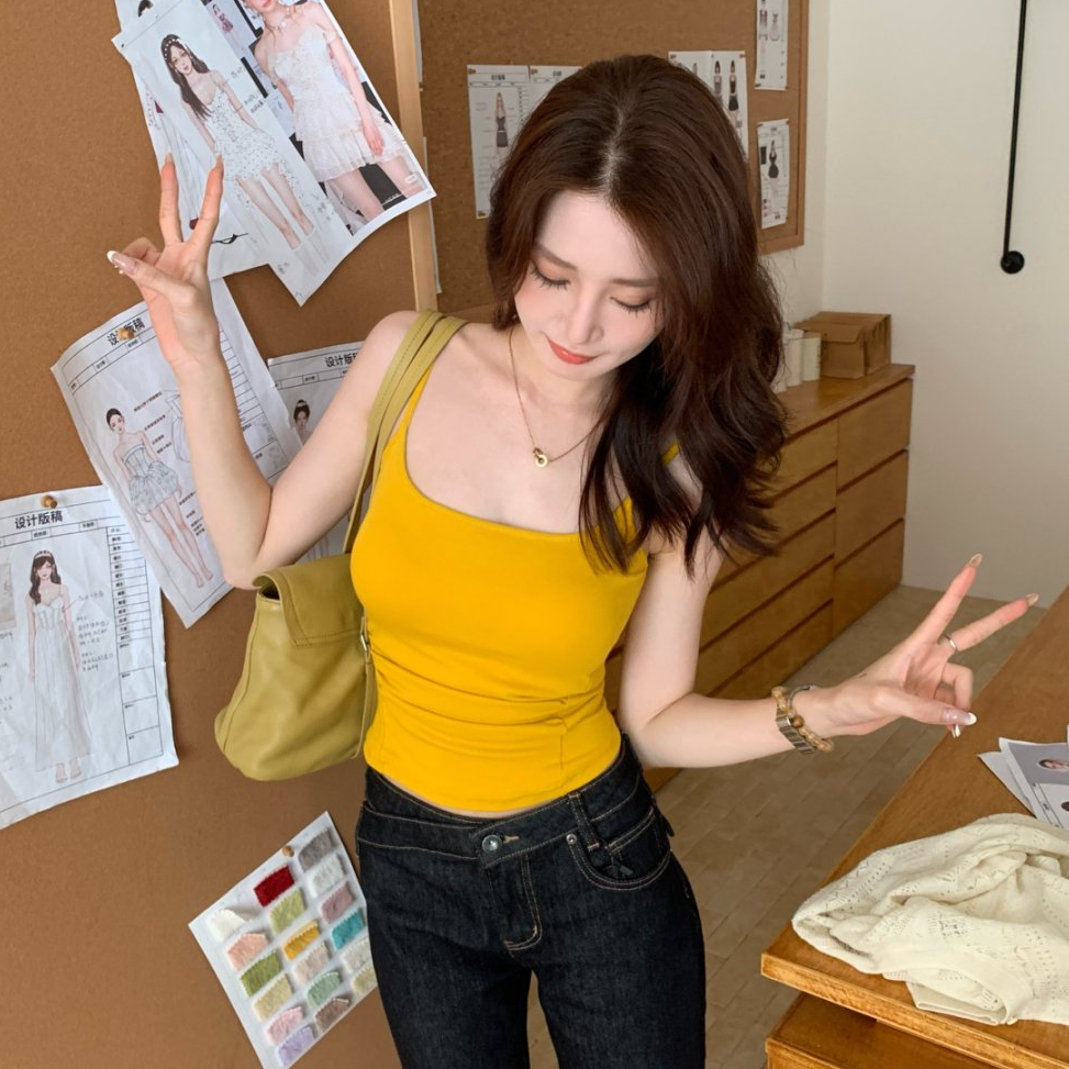 纯欲百搭细肩带小吊带背心女带胸垫设计感褶皱打底外穿辣妹上衣女