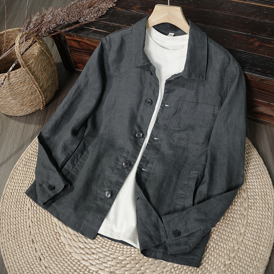 高端纯亚麻翻领衬衫外套男春秋长袖休闲宽松大码上衣复古衬衣夹克