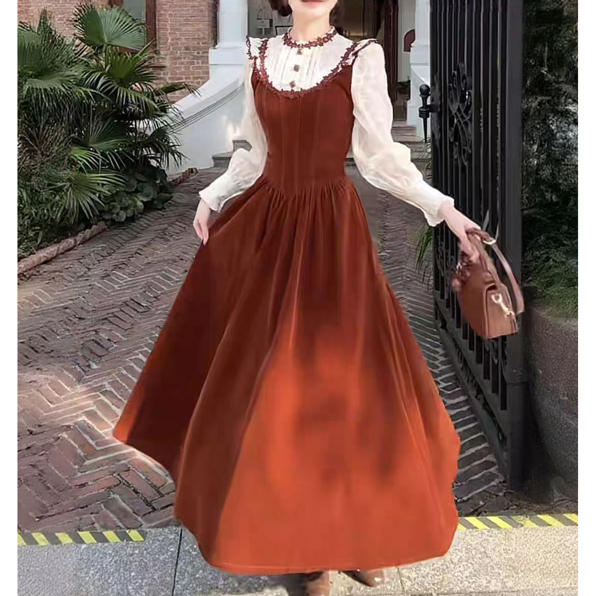 现657-1#法式温柔风假两件高端气质长袖连衣裙女秋冬新收腰a字裙