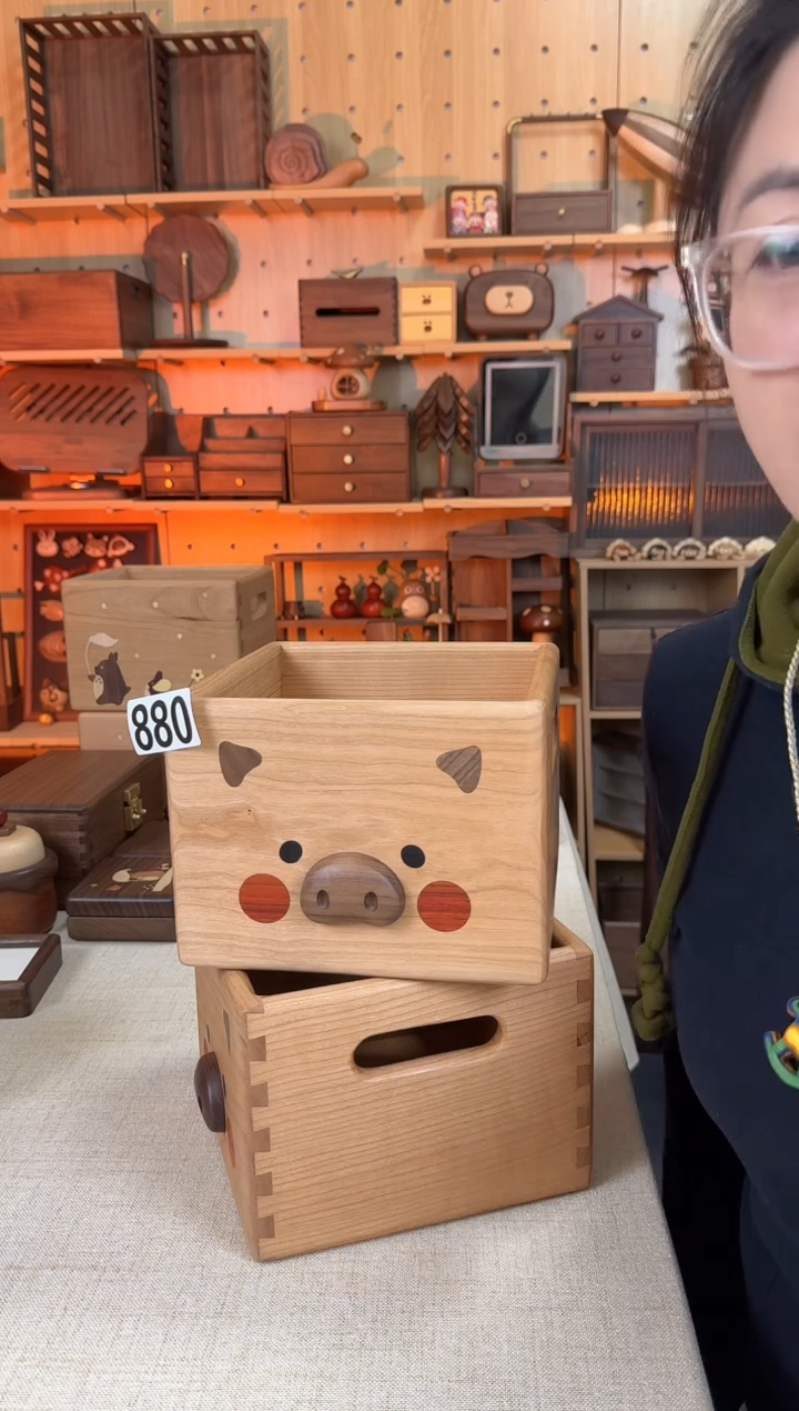 木880樱桃木小猪方形收纳筐微瑕