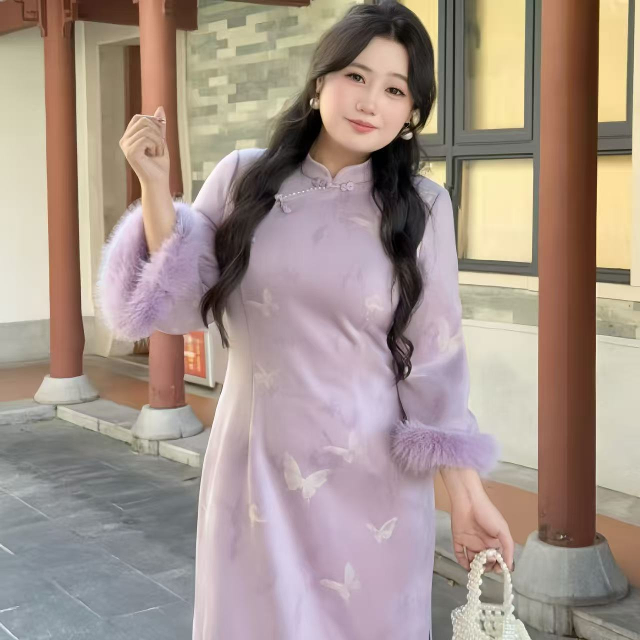 【300斤晓晓优选】紫色韵味加绒优雅仙仙毛毛旗袍连衣裙96177