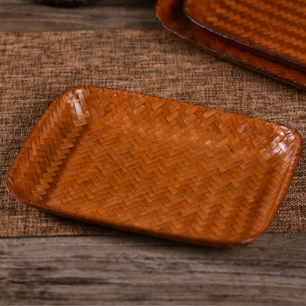 大漆竹席长方形浅果盘大