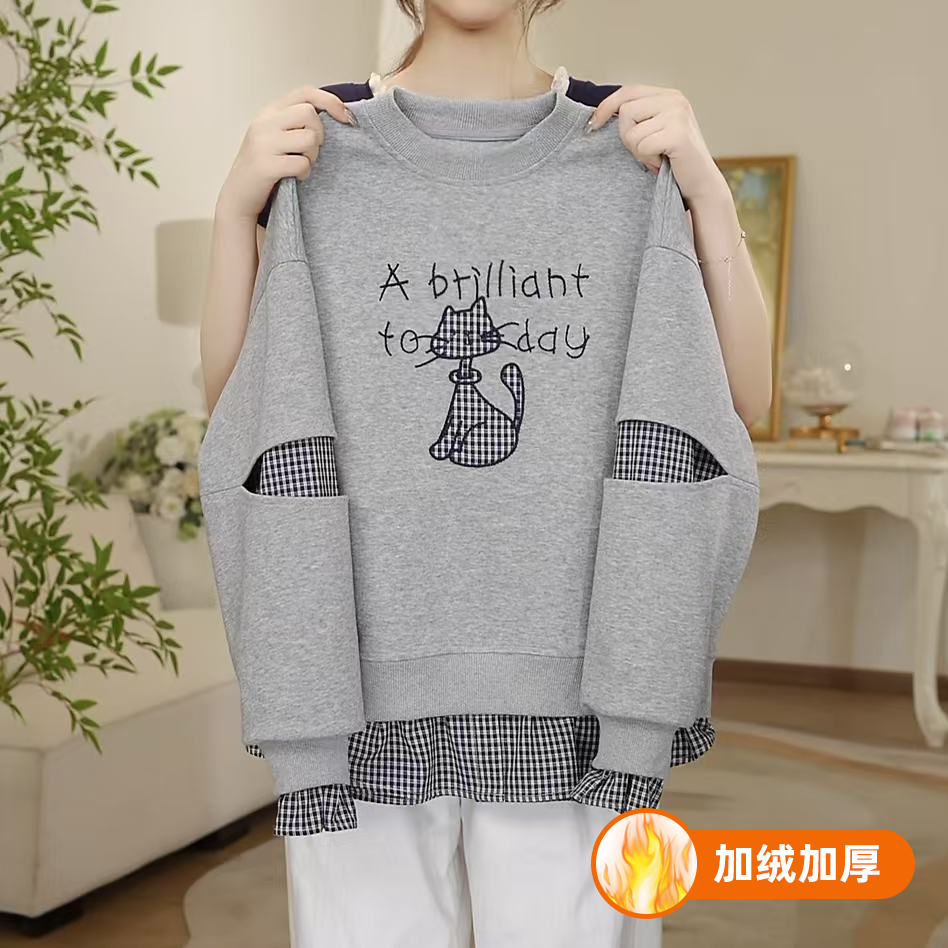 女童加绒卫衣冬款2025新款刺绣小猫时髦百搭儿童加绒上衣Q63168