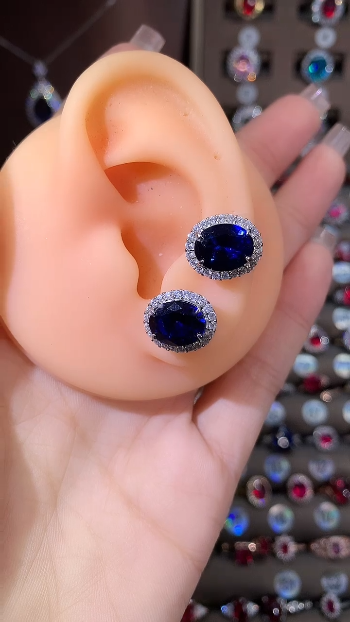 耳饰蓝宝石银S925镶嵌810银色