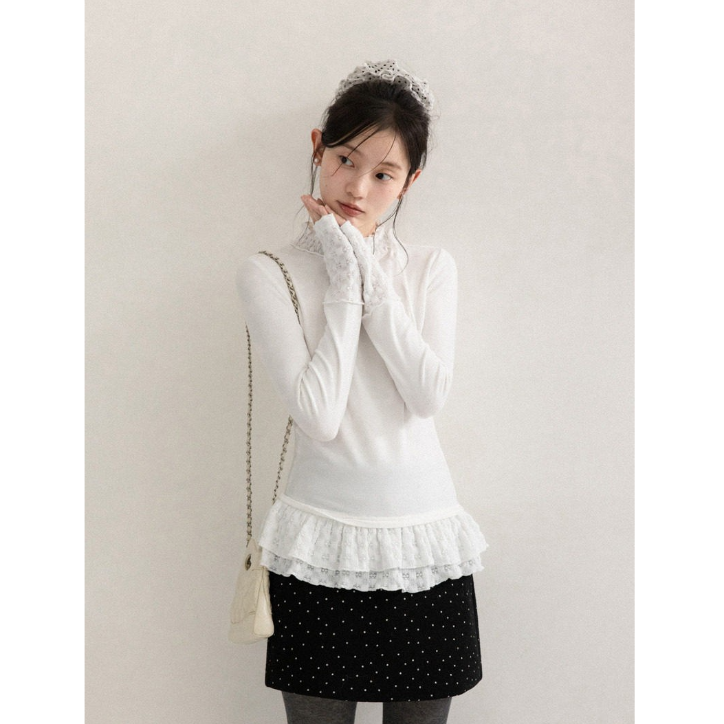 羊城故事-法式白色圆领蕾丝花边长袖T恤女冬季显瘦内搭打底衫上衣