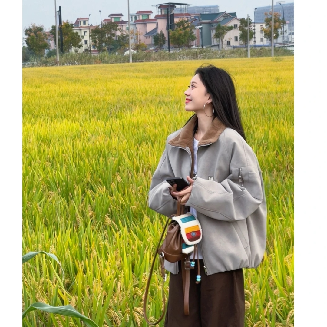 【一只幸福】美式高街vintage灰色保暖棉服冬季潮牌痞帅工装风PU皮