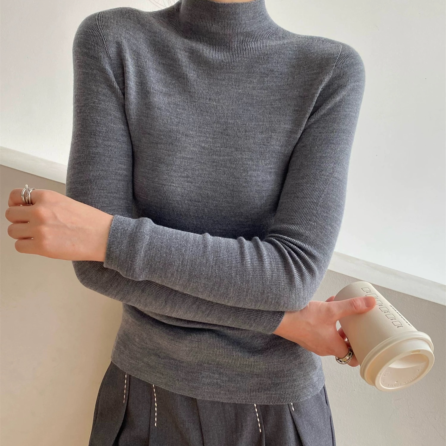 半高领高弹力无缝美丽诺毛针织衫上衣女打底衫机洗修身羊毛衫女