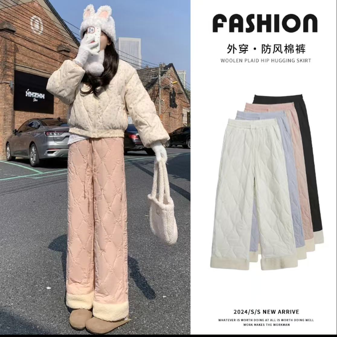 加绒加厚棉裤外穿男女同款大码长裤冬季防风高腰羊羔绒保暖阔腿裤