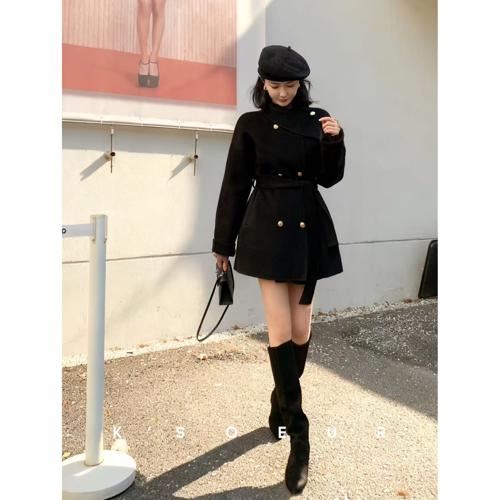 高级感秋冬毛呢收腰外套千金风气质绑带设计感大衣外套女S511031