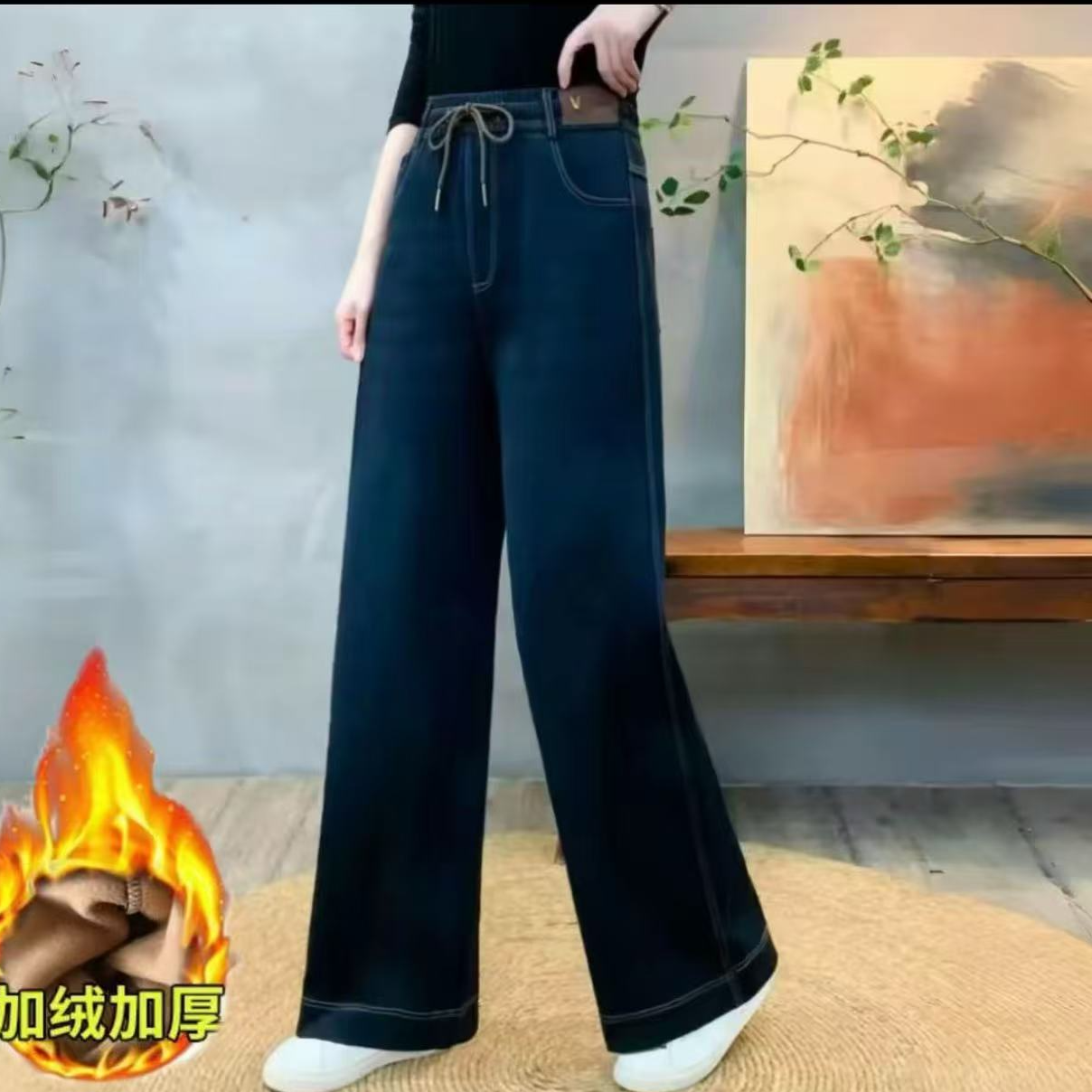 (金标升级款）高腰窄版水洗软牛仔人字纹直筒裤双口袋女裤加绒加厚